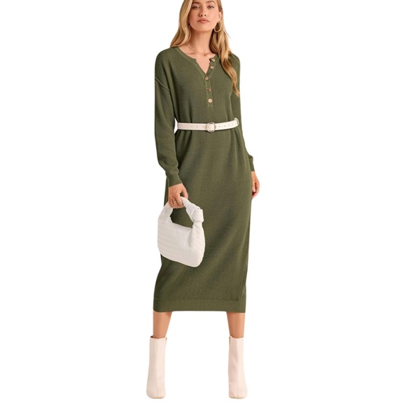 NWOT Long Knit Sweater Dress- Army Green | Button V-Neck + Long Sleeves (M) - Picture 2 of 16